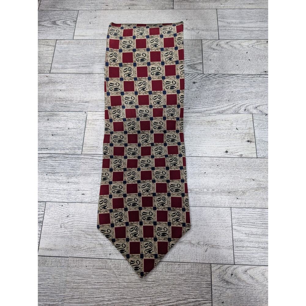 Kenneth Cole Mens 100% Silk Tie Maroon Blue Tan Pattern Necktie Made In USA Tie